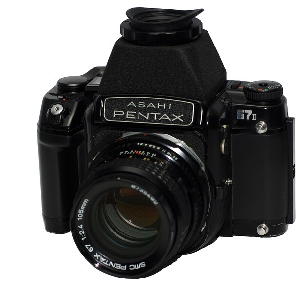 Pentax 67II medium format camera with standard lens, shown against white background.