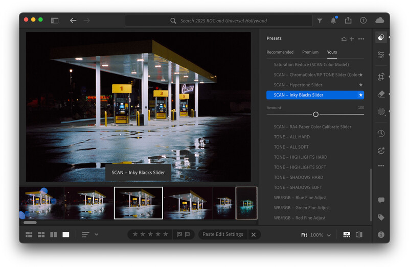 Screenshot of photo editing software showing a nighttime gas station with wet pavement and yellow lighting.