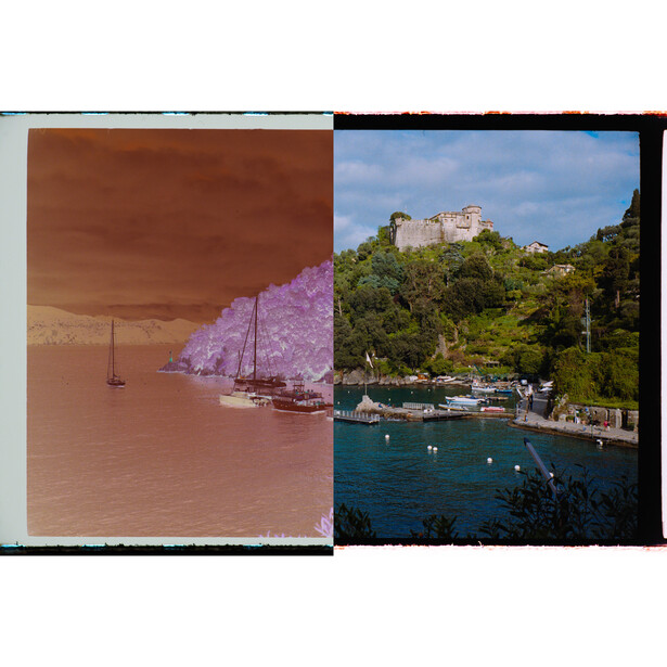 Side-by-side comparison of a coastal scene with warm and cool color grading treatments.