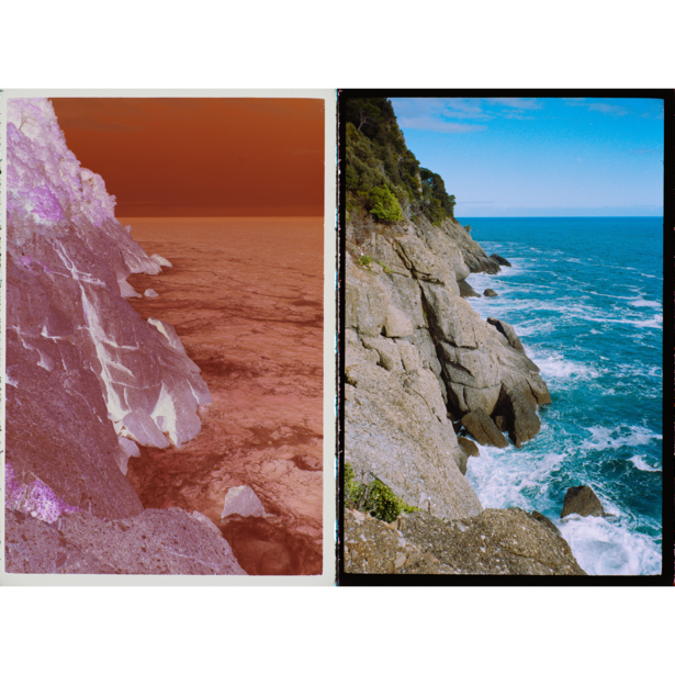 Side-by-side comparison of coastal cliff photography showing different color grading approaches.