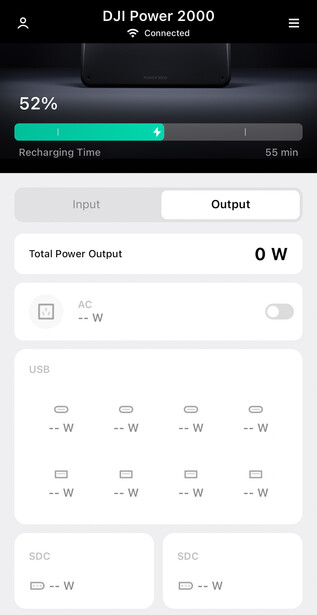 Screenshot of DJI Power 2000 battery status interface displaying 52% charge and recharging time.