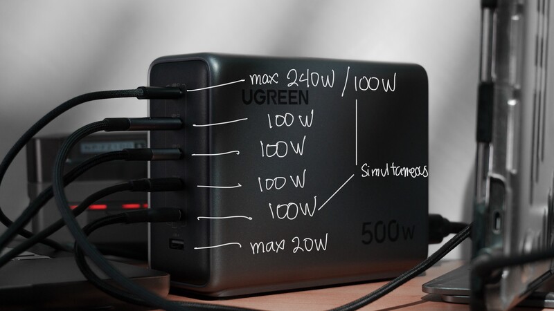 Power distribution box with handwritten power output specifications and simultaneous load ratings marked on black surface.