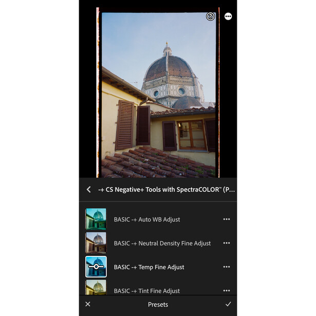 Screenshot of photo editing software showing adjustment presets for a Florence cathedral dome image.