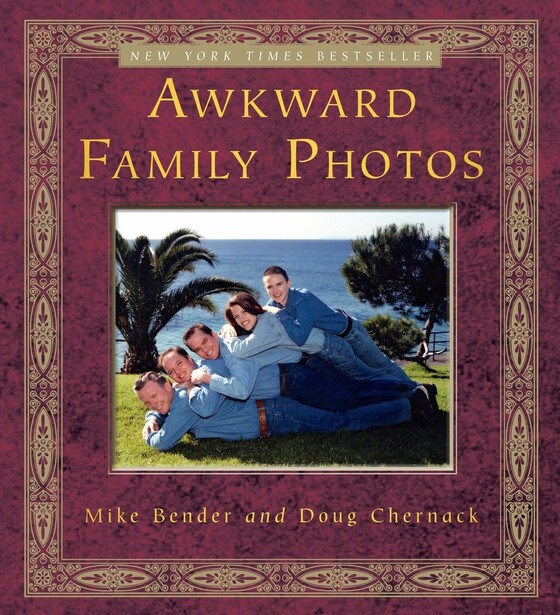 Book cover for "Awkward Family Photos" featuring five people in matching blue outfits posed together outdoors.
