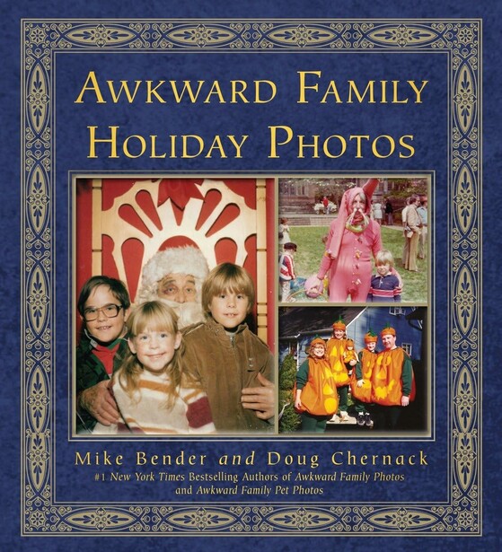 Book cover for "Awkward Family Holiday Photos" featuring vintage family photographs arranged in a decorative gold-bordered frame.