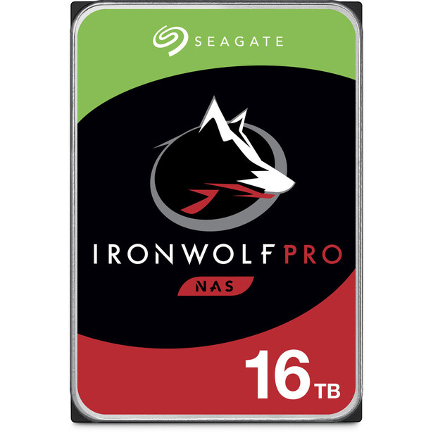 Seagate IronWolf Pro NAS 16TB hard drive product label with green and black design.