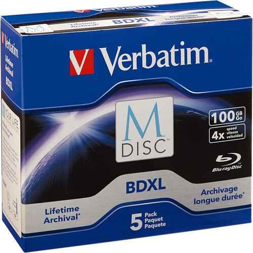 Verbatim M DISC BDXL 100GB Blu-ray storage media, 5-pack with lifetime archival rating.