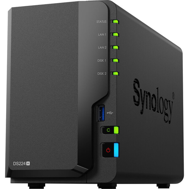 Synology DiskStation DS224+ two-bay network attached storage device with illuminated status indicators.