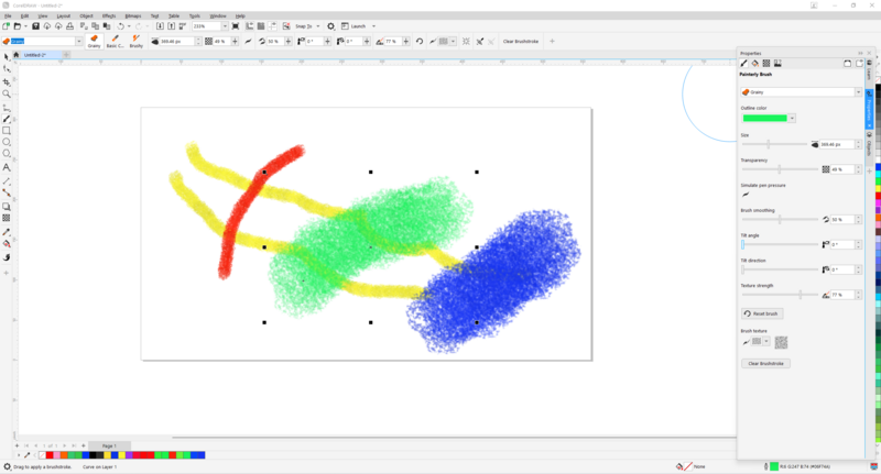 Screenshot of a vector graphics editor showing three colored brush strokes and splatter effects.