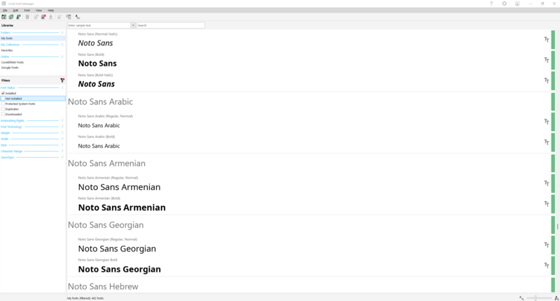 Screenshot of a font selection menu displaying multiple Noto Sans typeface variants organized by language and script.
