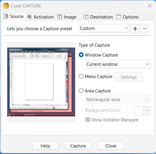 Screenshot of Corel CAPTURE software window showing capture preset options and type selection.