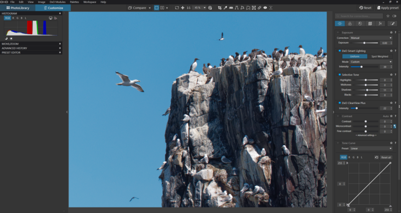 Screenshot of photo editing software showing a rocky cliff with seabirds in flight against a blue sky.