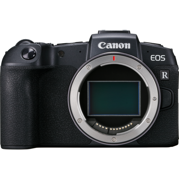 Canon EOS R mirrorless camera body shown from the front, displaying the sensor and mirror mechanism.