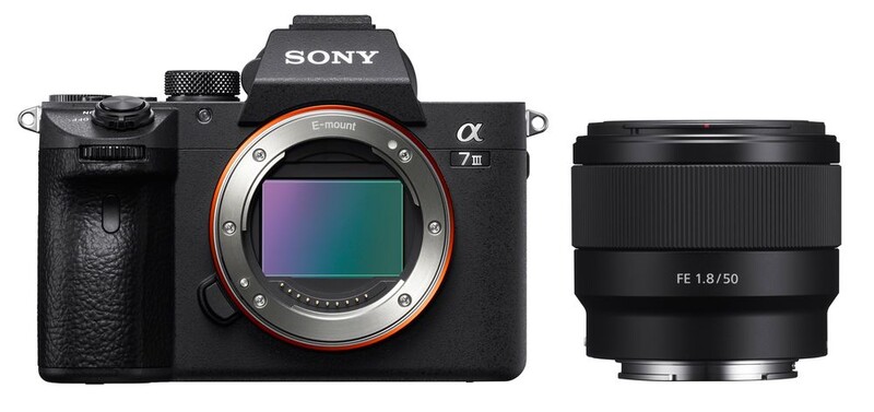 Sony a7 III mirrorless camera body with Sony FE 1.8/50mm prime lens displayed separately.