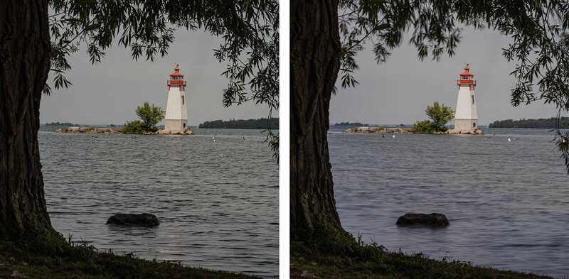 Side-by-side comparison of lighthouse and water scene with different color grading applied.
