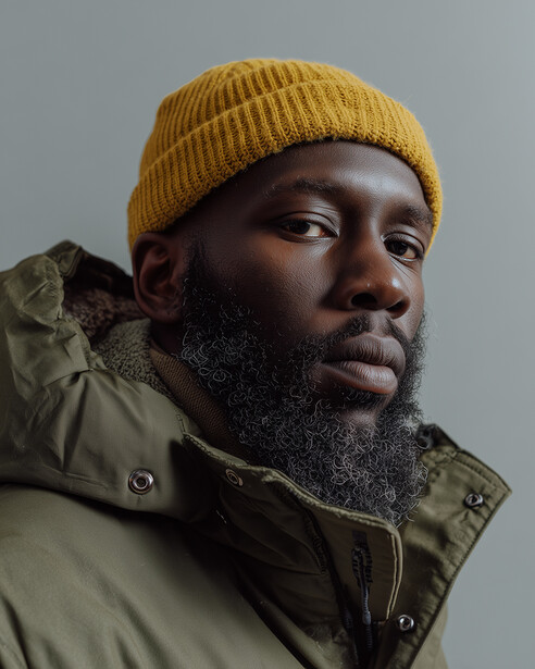 Portrait of a man with a full beard wearing a mustard yellow beanie and olive green jacket against a neutral gray background.