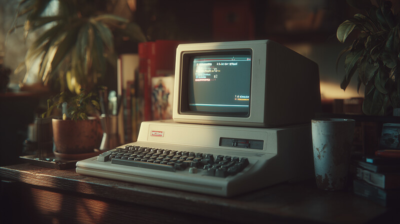 Vintage computer from the 1980s with monitor and keyboard on a desk surrounded by potted plants.