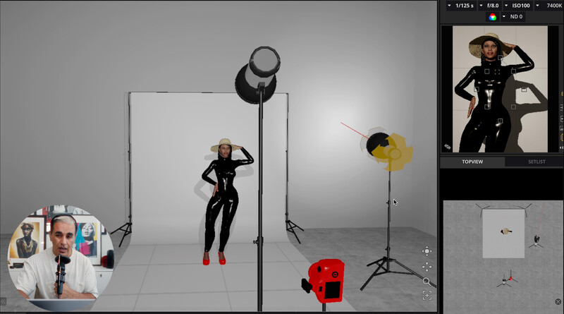 Studio photography setup with model in black outfit posing under controlled lighting with reflectors and studio lights.