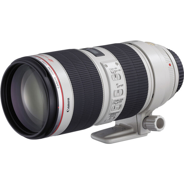 Canon EF 70-200mm f/2.8L IS USM telephoto zoom lens with white barrel and tripod collar.