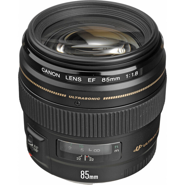 Canon EF 85mm f/1.8 lens with ultrasonic autofocus, shown against white background.