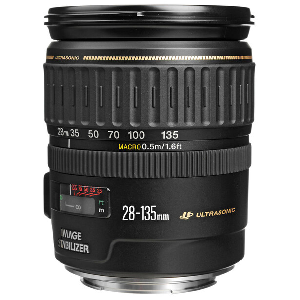 Canon EF 28-135mm f/3.5-5.6 IS USM zoom lens with image stabilizer on white background.