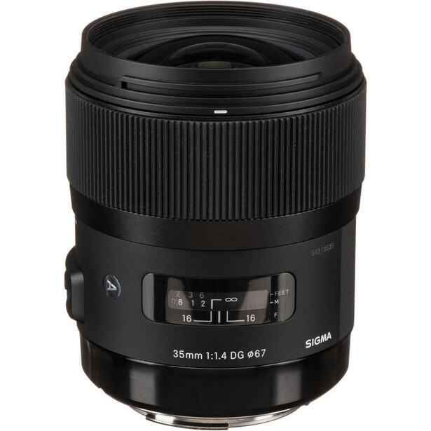 Sigma 35mm f/1.4 DG HSM Art lens with focus ring and distance scale visible against white background.