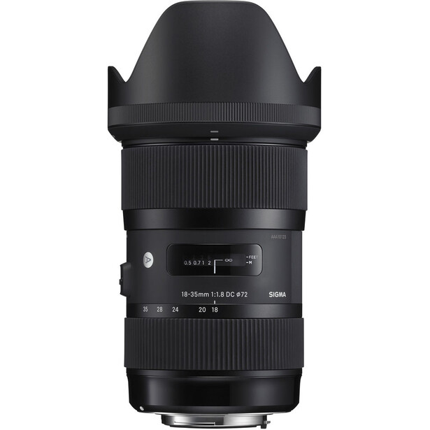 Sigma 18-35mm f/1.8 DC HSM Art lens with hood attached, shown against white background.