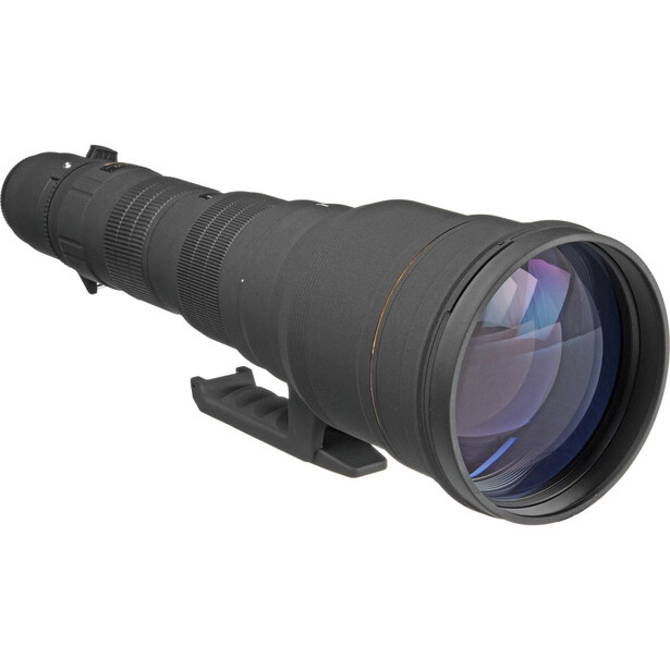 Black telephoto lens with blue-tinted multi-element glass viewed from the side against a white background.