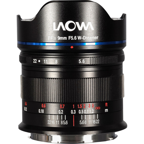 Laowa 9mm f/5.6 wide-angle lens with hood and focus distance markings visible.
