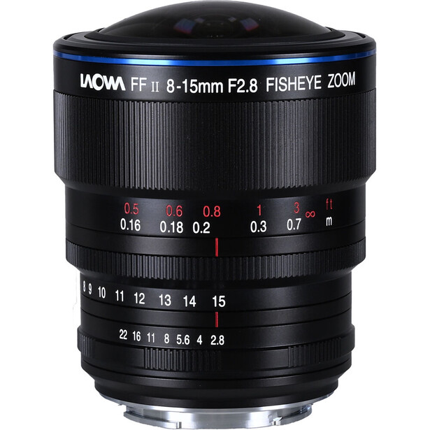 Laowa FF II 8-15mm F2.8 fisheye zoom lens with focus and aperture rings visible.