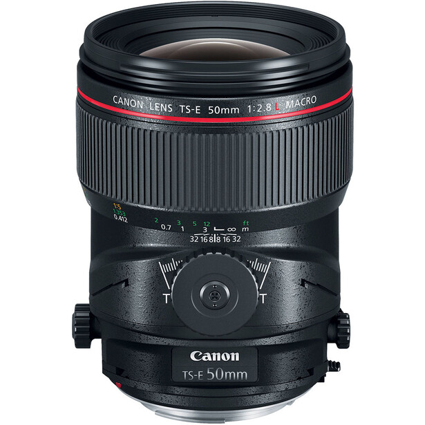Canon TS-E 50mm f/2.8L macro tilt-shift lens with perspective control mechanism visible from above.
