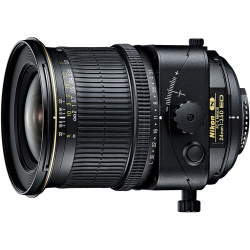 Nikon PC-E 24mm f/3.5D ED tilt-shift lens with focus ring and shift mechanism visible.