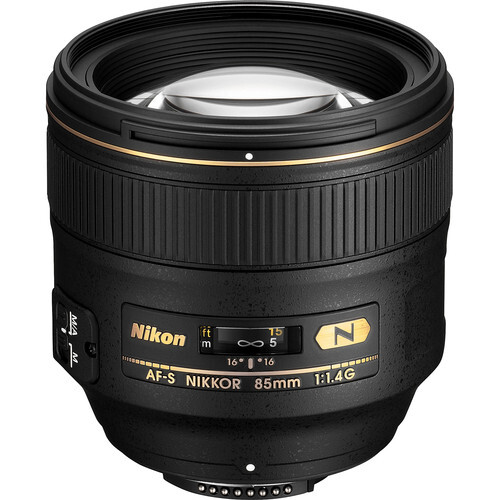 Nikon AF-S Nikkor 85mm f/1.4G prime lens with gold lettering and barrel details.