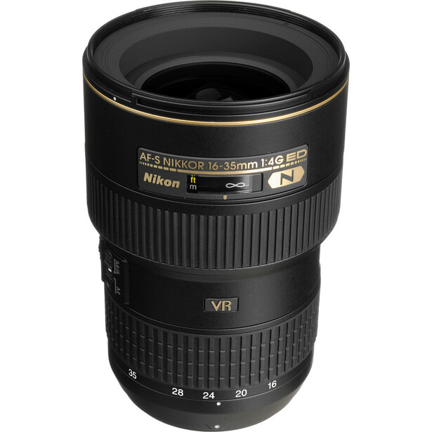 Nikon AF-S Nikkor 16-35mm f/4G ED VR telephoto zoom lens with black barrel and gold lettering.