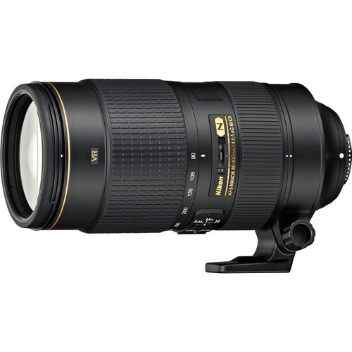 Nikon telephoto zoom lens with gold accents and focus ring against white background.