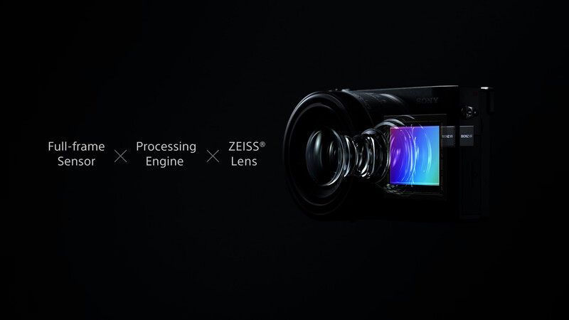 Diagram showing a camera's full-frame sensor, processing engine, and ZEISS lens components in cross-section.