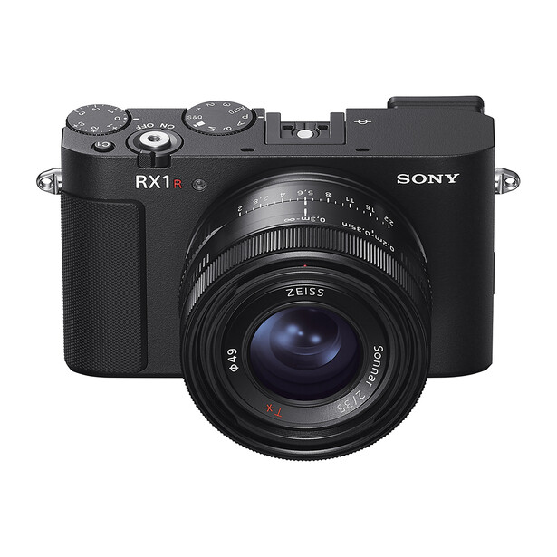 Sony RX1 compact camera with fixed Zeiss lens, shown from front against white background.