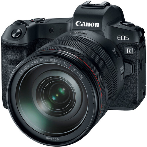 Canon EOS R mirrorless camera with RF-mount lens attached, displayed against a white background.