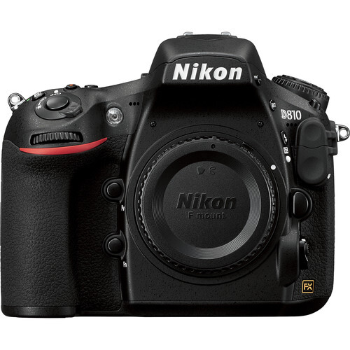 Nikon D810 DSLR camera body shown from front, featuring black finish with red accent stripe.