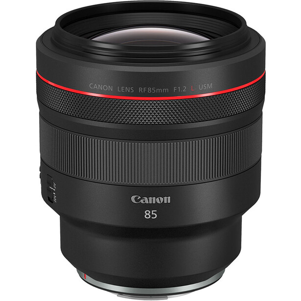 Canon RF 85mm F1.2L USM lens with red accents and textured grip rings.