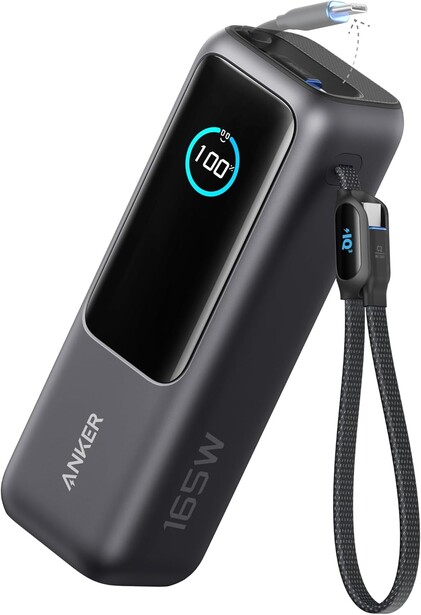 Anker portable power bank with digital display showing 10% battery level and attached charging cable.