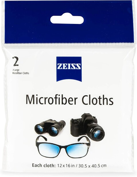 Package of Zeiss microfiber cloths showing two cloths with binoculars and eyeglasses illustration.