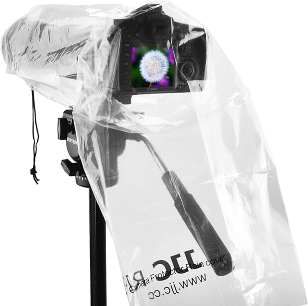 Camera with clear plastic rain cover and purple LED ring light mounted on top.