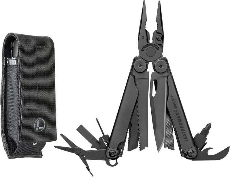 Black multitool with extended arms displayed next to matching carrying pouch.