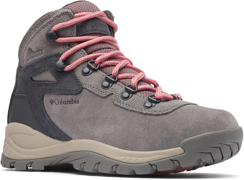 Gray and charcoal hiking boot with pink laces and cream-colored sole, photographed against white background.
