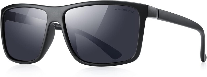 Black rectangular sunglasses with dark tinted lenses and thick frames photographed against a white background.