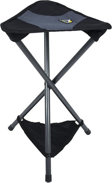 Tripod stool with black fabric seat and gray metal frame against white background.