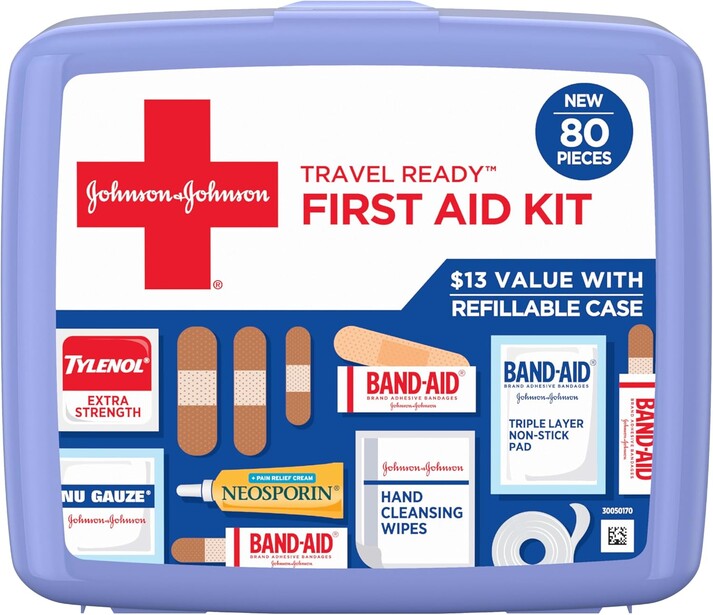Johnson & Johnson Travel Ready First Aid Kit in purple case with 80 pieces and refillable case.