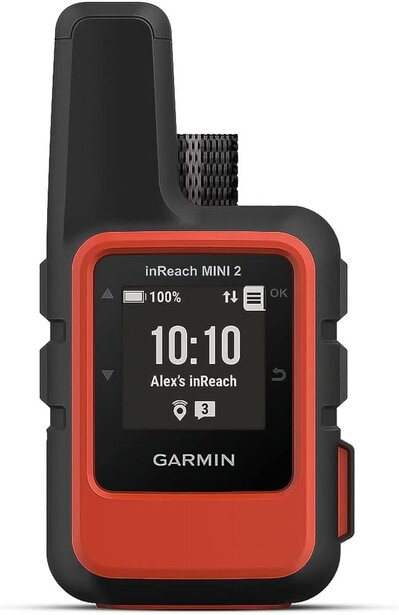 Garmin inReach Mini 2 satellite communicator with display screen showing time and battery status.