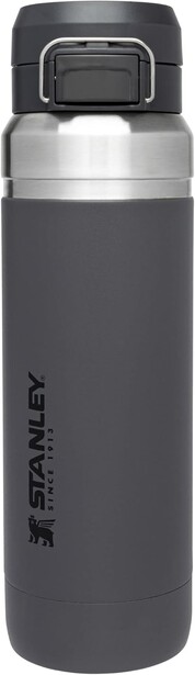 Stanley insulated water bottle with charcoal gray body, stainless steel top section, and carrying handle.